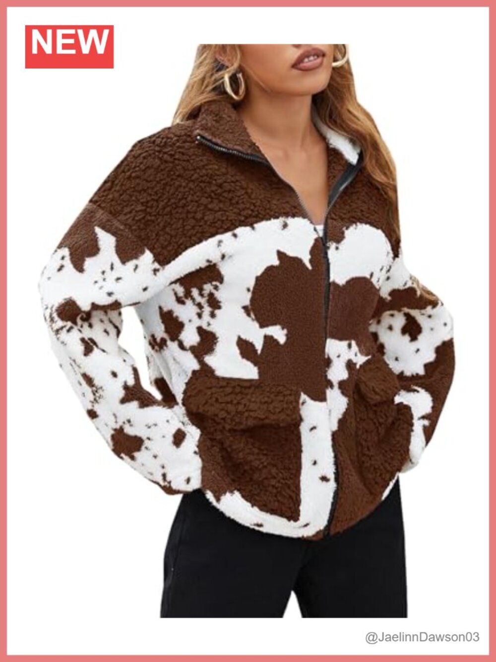 Womens Faux Fur Cow Print Sherpa Fleece Zip Jacket Winter Coat